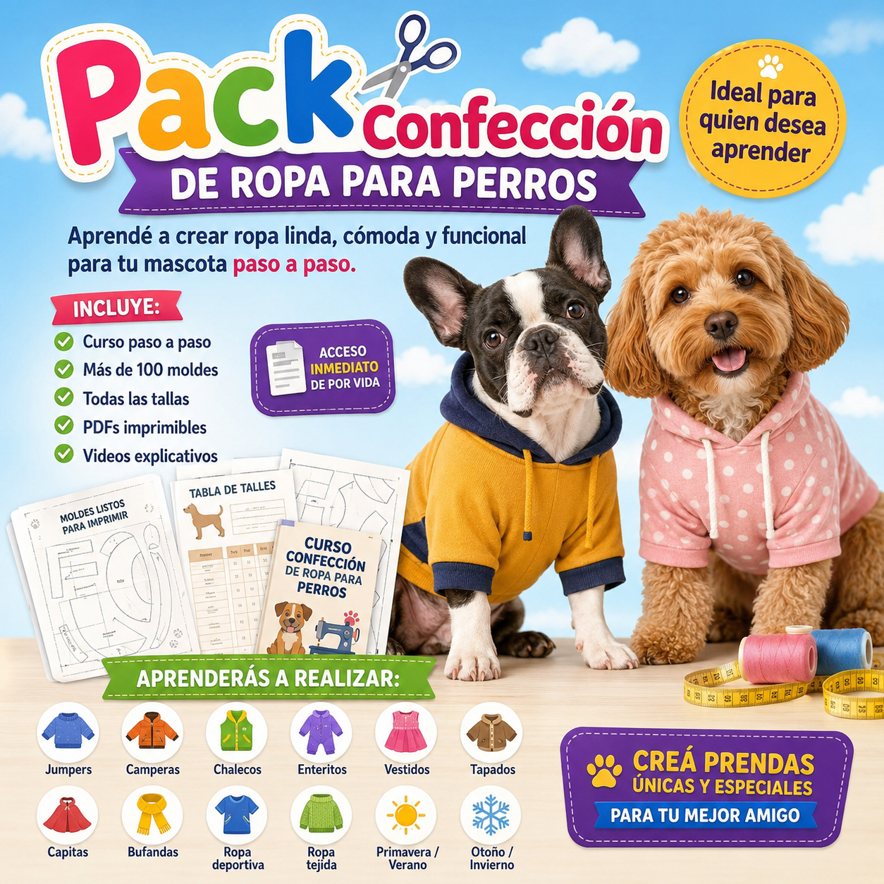 PACK CONFECCION ROPA PARA PERROS Y GATOS + 5 BONOS DE REGALO